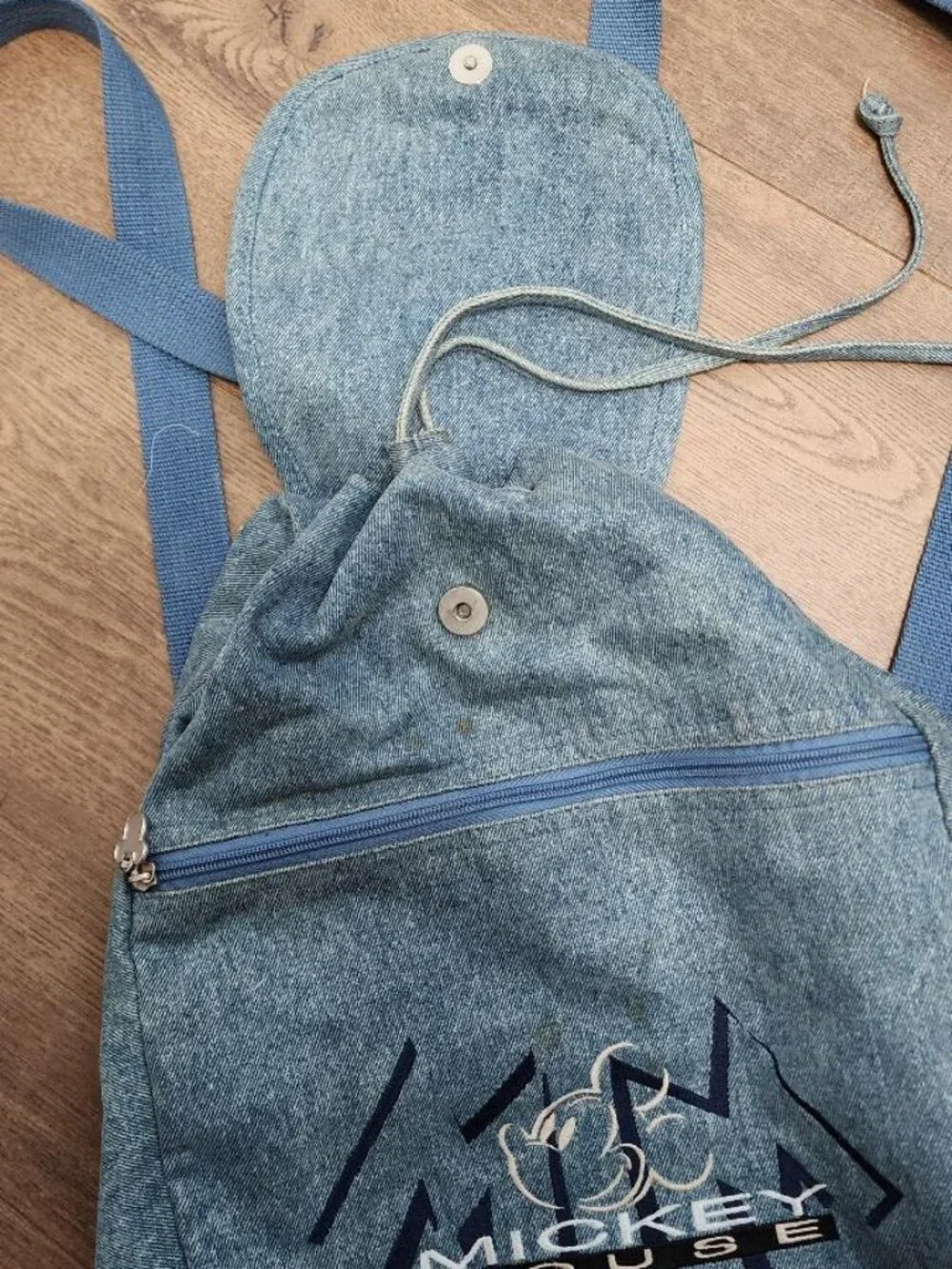 Vintage DISNEY Mickey Mouse Embroidered Blue Denim Backpack